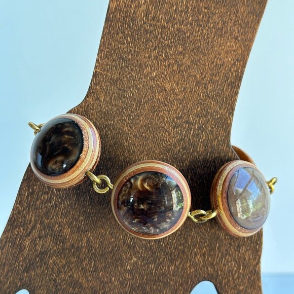 Vintage 1970s Resin & Wood Bracelet, 8” Modernist Studio Jewelry - Picture 8 of 12